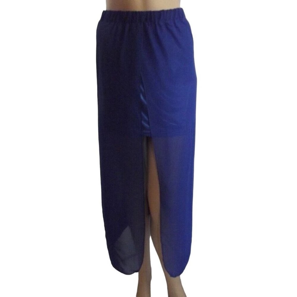 Royal Blue Sz Large Sheer Front Leg Slit Midi Skirt L mid calf satin mini skirt